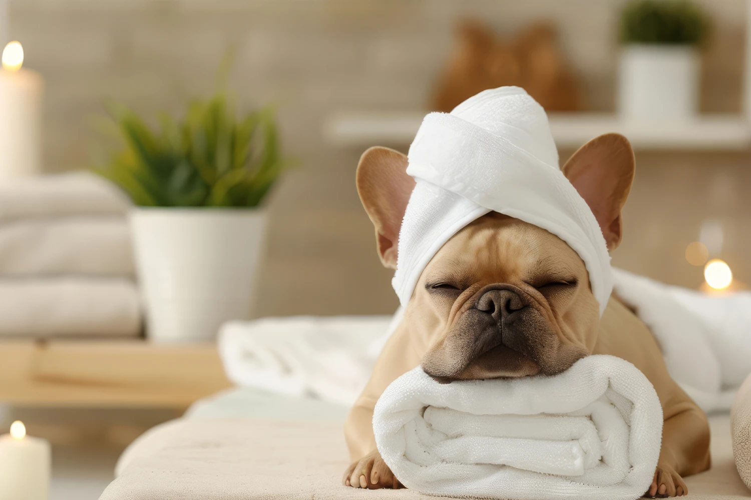 Dog enjoying a deep-cleansing microbubble spa bath with odor elimination and skin hydration in Grand Prairie, Texas.